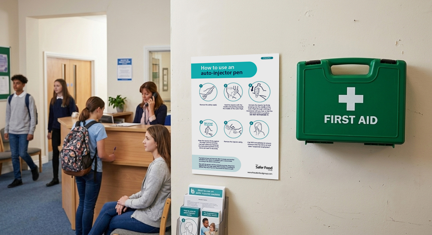 The adrenaline auto-injector poster laminated and displayed on a wall beside a first-aid point in a staff area.